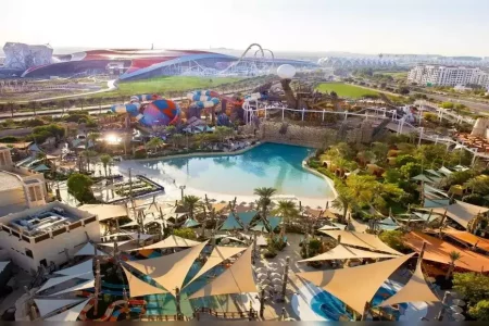 "Aerial view of Yas Island Theme Parks with multiple attractions"