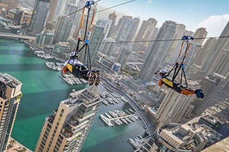 "Panoramic view of Dubai's waterfront from the Marina X-line zipline"
